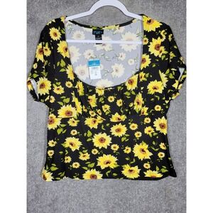 Rue + Short Sleeve Scoop Neck Crop Top Womens Sz 2X Dark Floral Black Yellow New